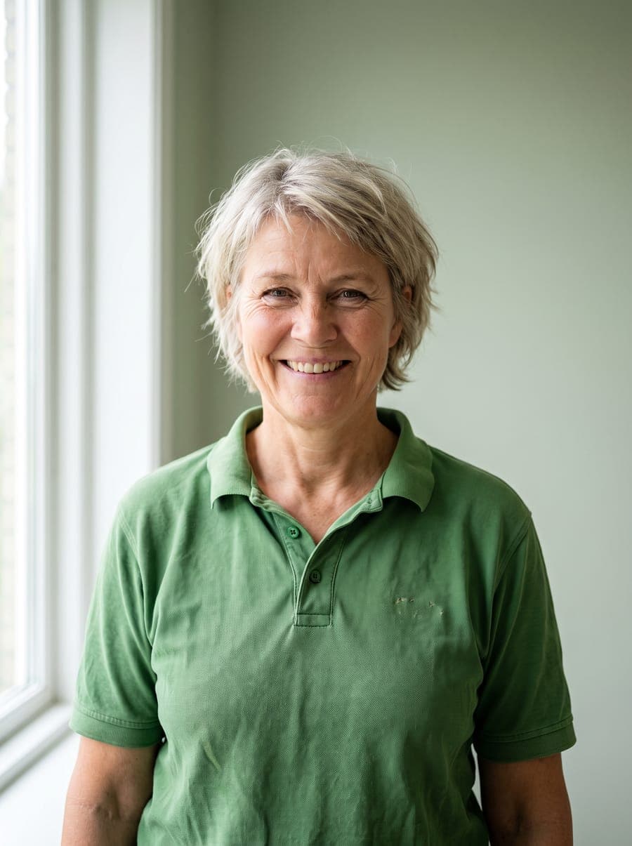 Porträtt av Birgitta Sandell i grön arbetströja