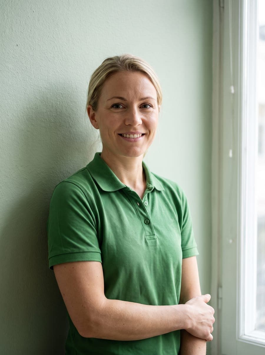 Porträtt av Elin Persson i grön arbetströja