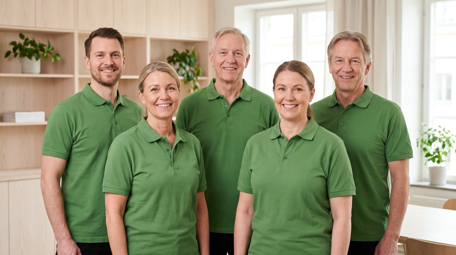 Grönglans team i gröna arbetströjor i ett ljust kontor