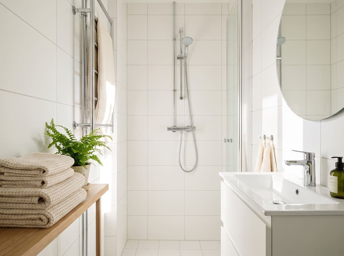 Skinande rent badrum med vitt kakel och krom