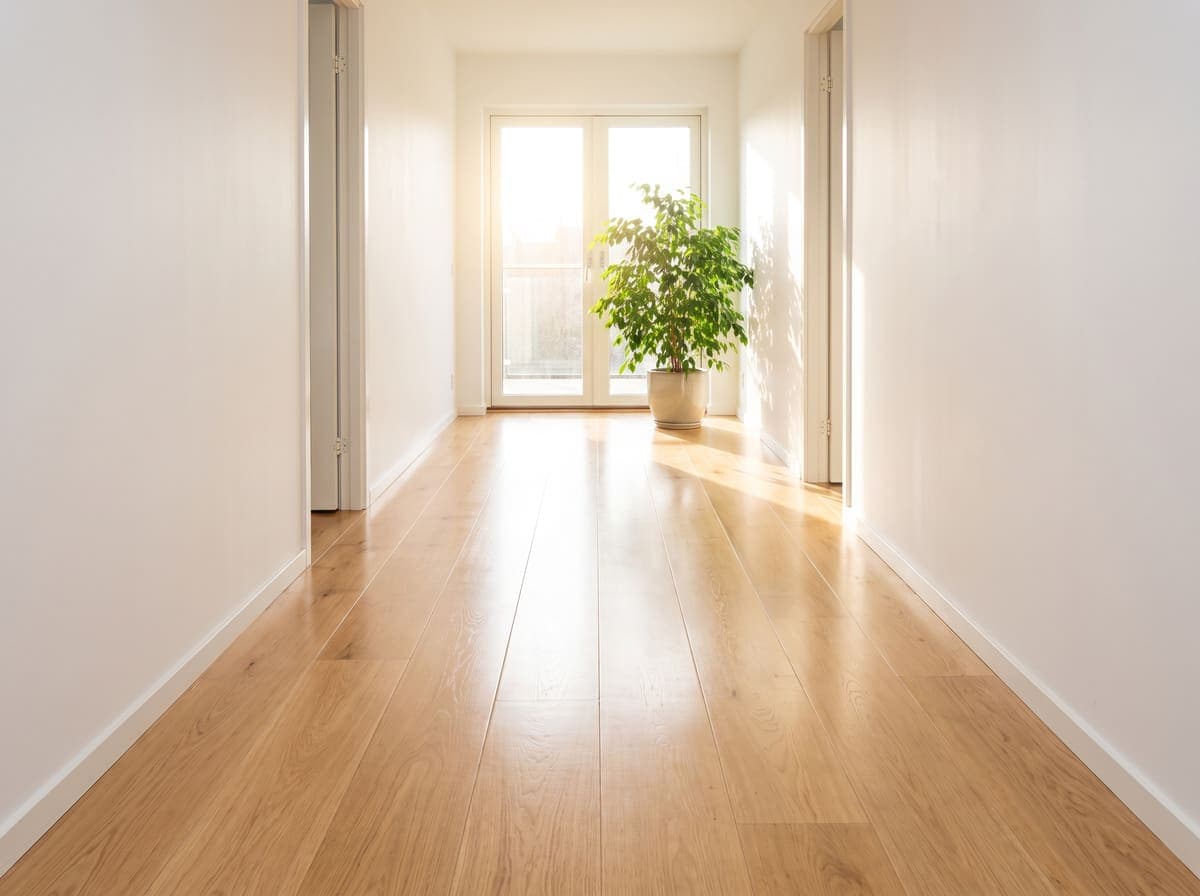Lång hall med nypolerat trägolv
