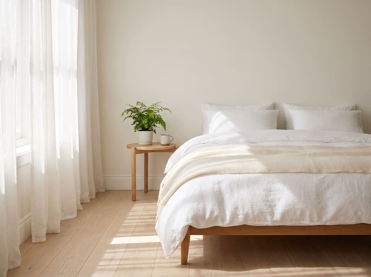 Nystädat sovrum med vit sängkläder och morgonljus
